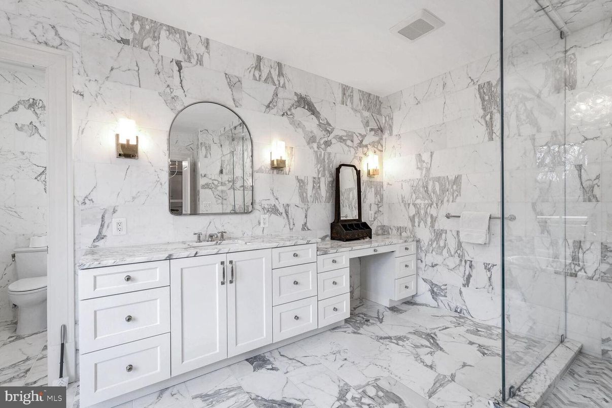 Bathroom, Dual Sink Vanities, Glass Shower, Interior, Marble, Marble Walls