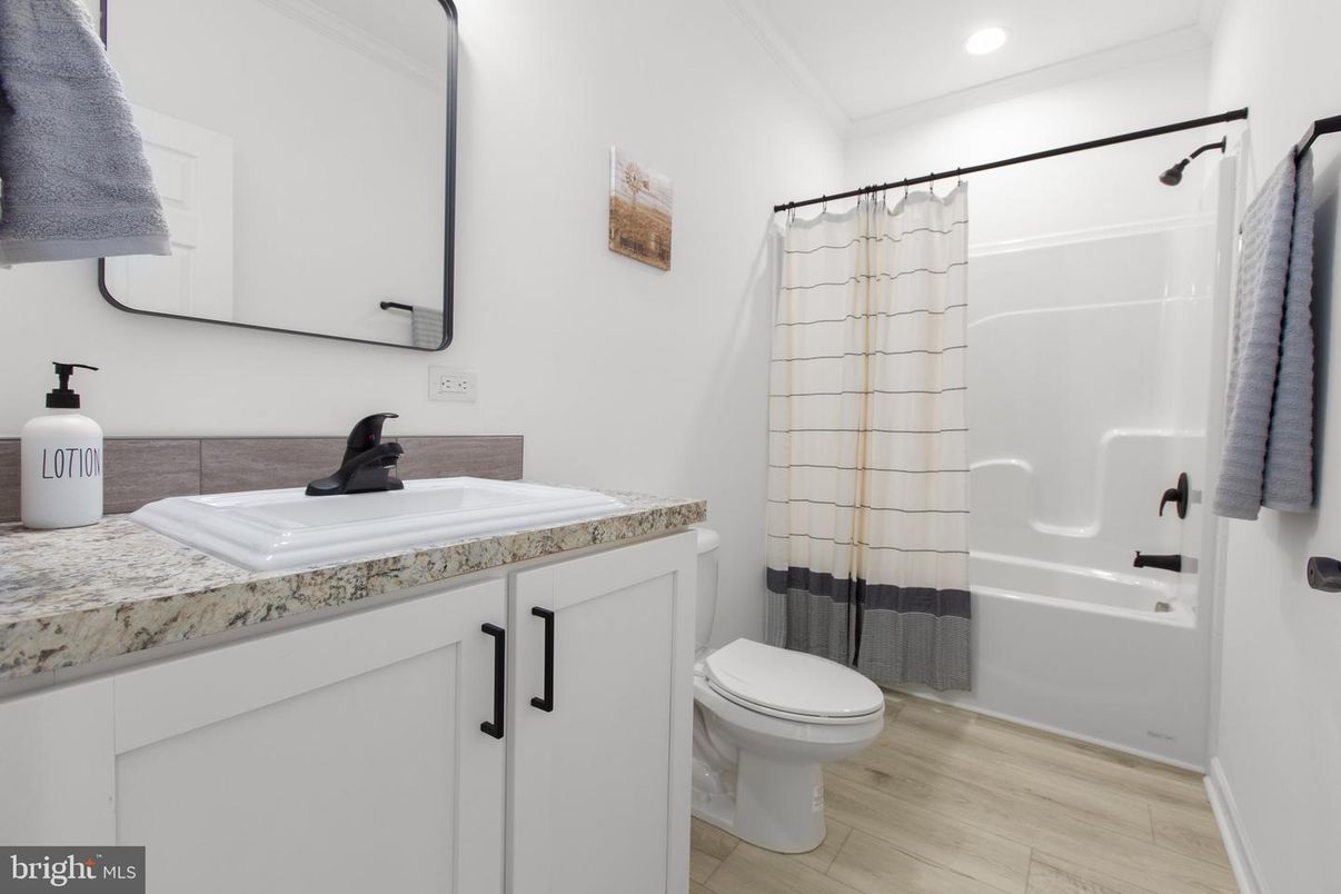 Bathroom, Glass Shower, Interior, Recessed Lighting, Wood Texture Flooring