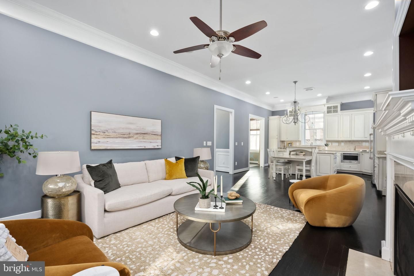 Chandelier, Interior, Kitchen, Living room, Pendant Lights, Recessed Lighting, Stainless Steel Appliances, Wood Texture Flooring