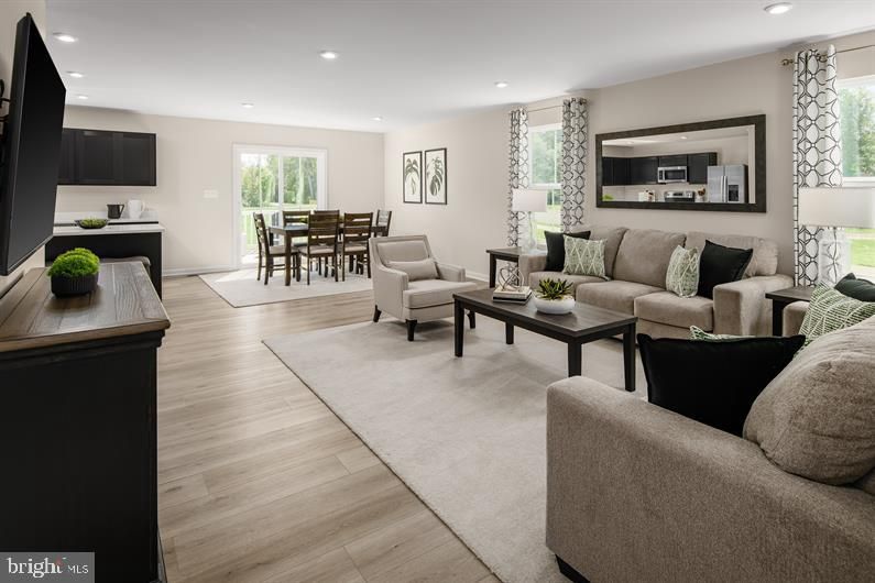 Dining room, Interior, Kitchen, Living room, Recessed Lighting, Wood Texture Flooring