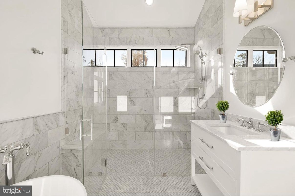 Bathroom, Glass Shower, Interior, Marble Walls, Recessed Lighting