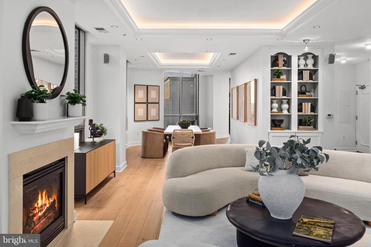 Dining room, Fireplace, Interior, Living room, Recessed Lighting, Wood Texture Flooring