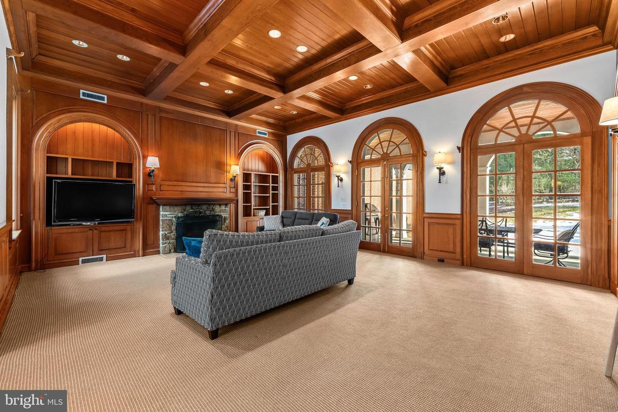 Fireplace, Interior, Living room, Recessed Lighting, Wooden Beams, Wooden Ceilings, Wooden Walls