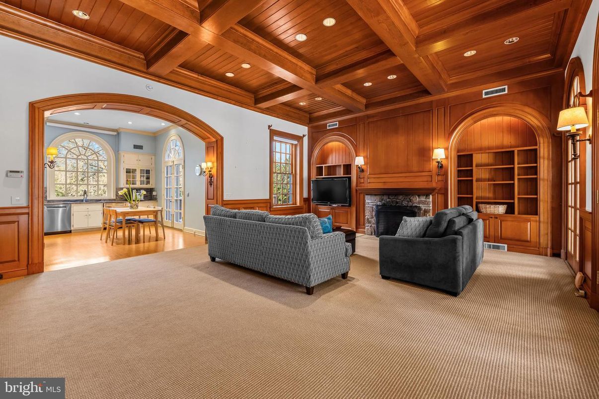 Fireplace, Interior, Living room, Recessed Lighting, Wooden Beams, Wooden Ceilings, Wood Texture Flooring, Wooden Walls