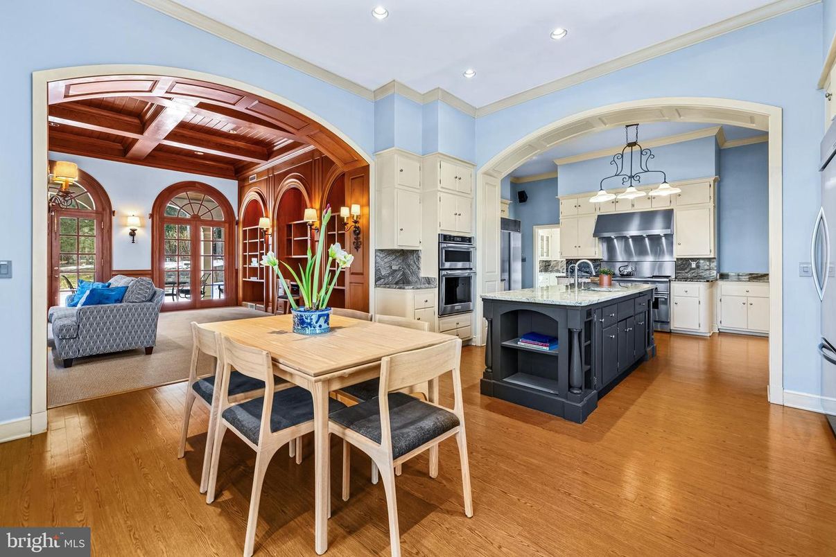 Chandelier, Dining room, Interior, Kitchen, Living room, Recessed Lighting, Stainless Steel Appliances, Wooden Beams, Wooden Ceilings, Wood Texture Flooring