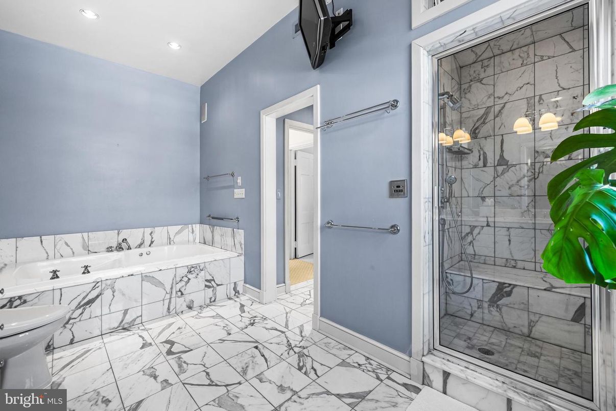 Bathroom, Glass Shower, Interior, Marble, Marble Walls, Recessed Lighting