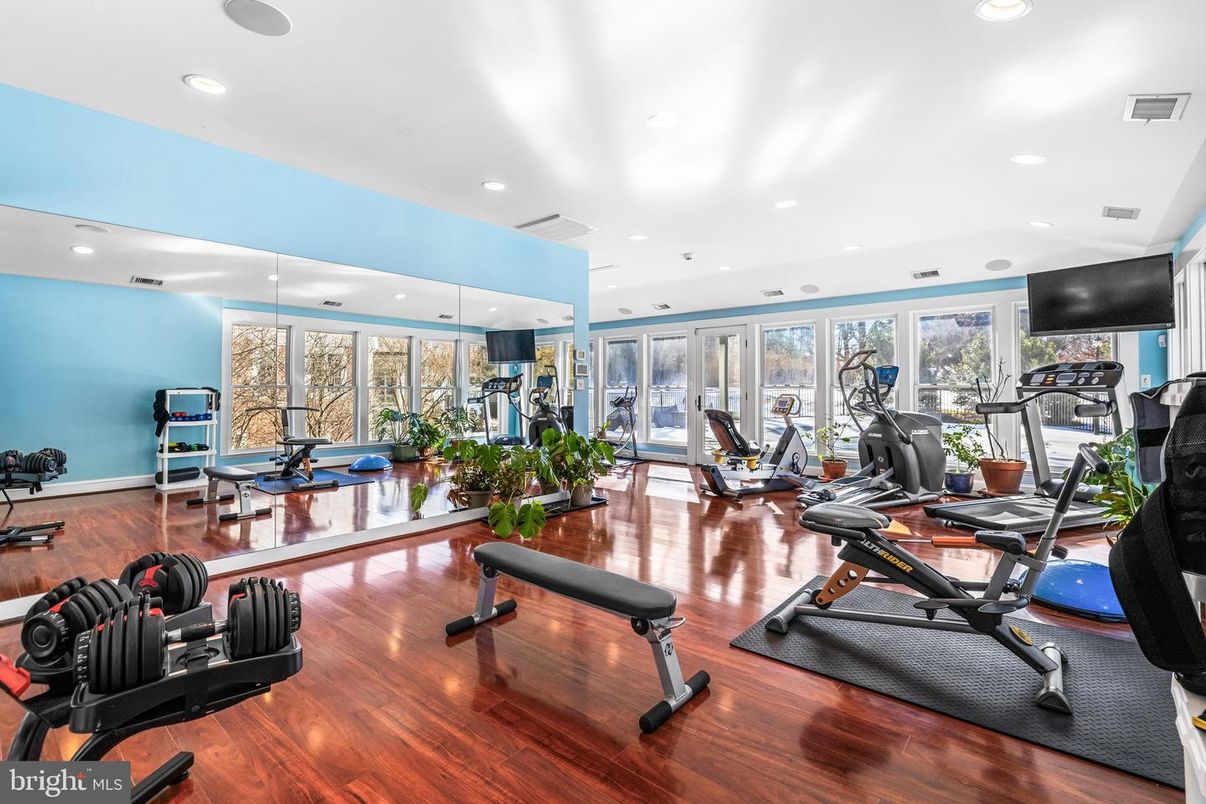 Fitness Equipment, Gym, Interior, Recessed Lighting, Wood Texture Flooring