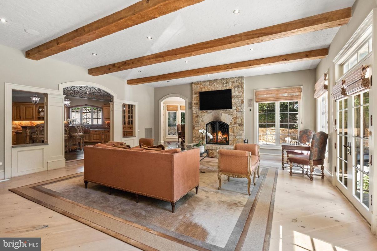 Fireplace, Interior, Living room, Recessed Lighting, Stone Walls, Wooden Beams, Wood Texture Flooring