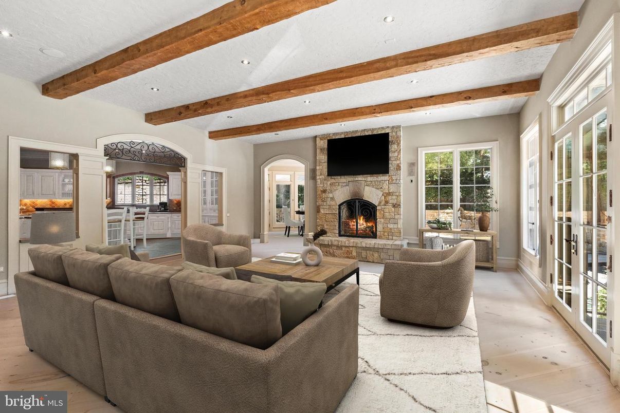 Fireplace, Interior, Living room, Recessed Lighting, Wooden Beams