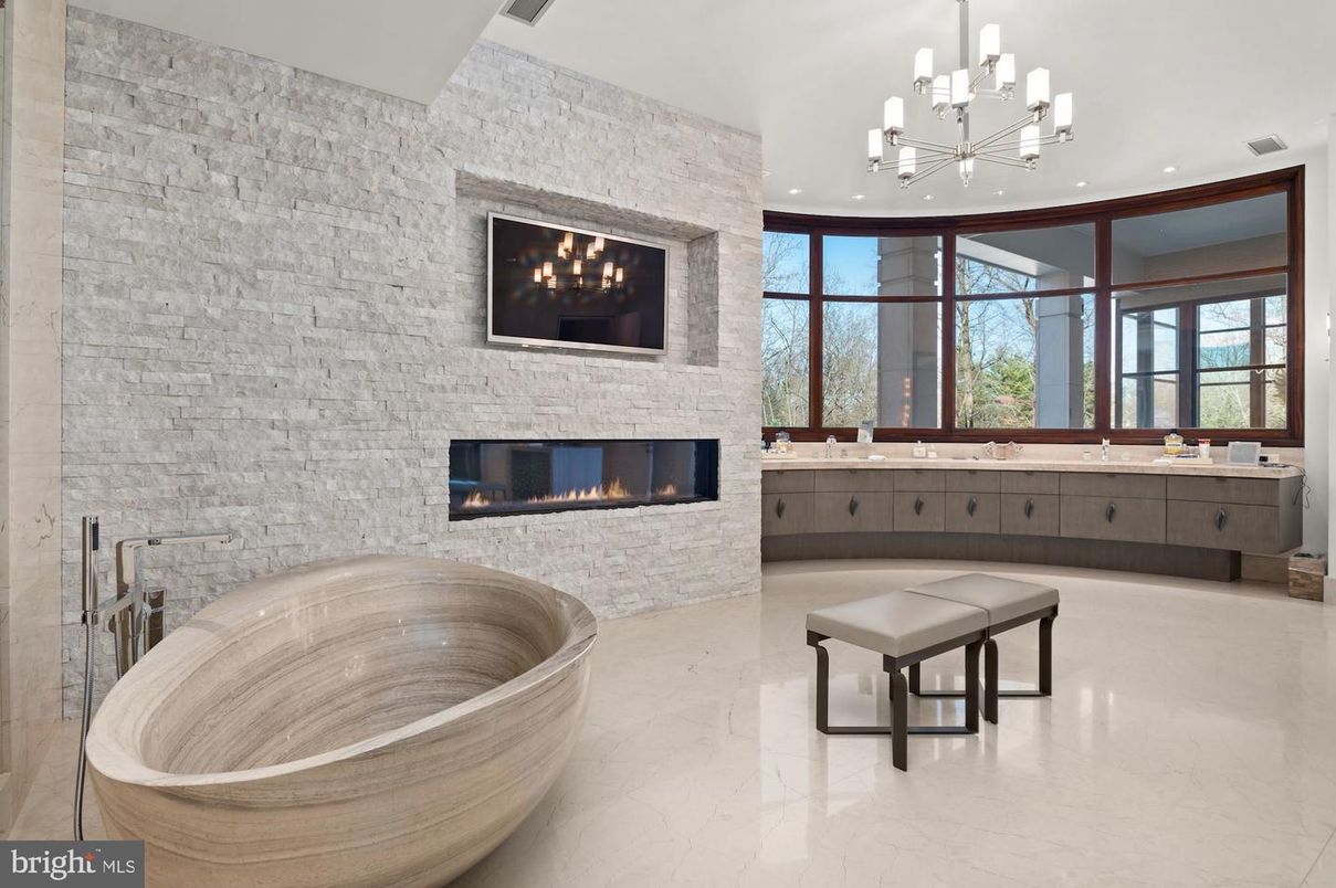 Fireplace, Interior, Living room, Marble, Pendant Lights, Recessed Lighting, Stone Walls