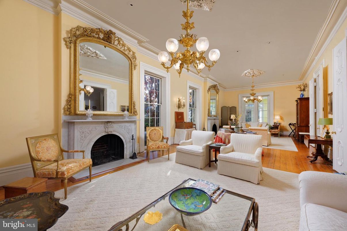 Chandelier, Dining room, Fireplace, Interior, Living room, Recessed Lighting, Wood Texture Flooring