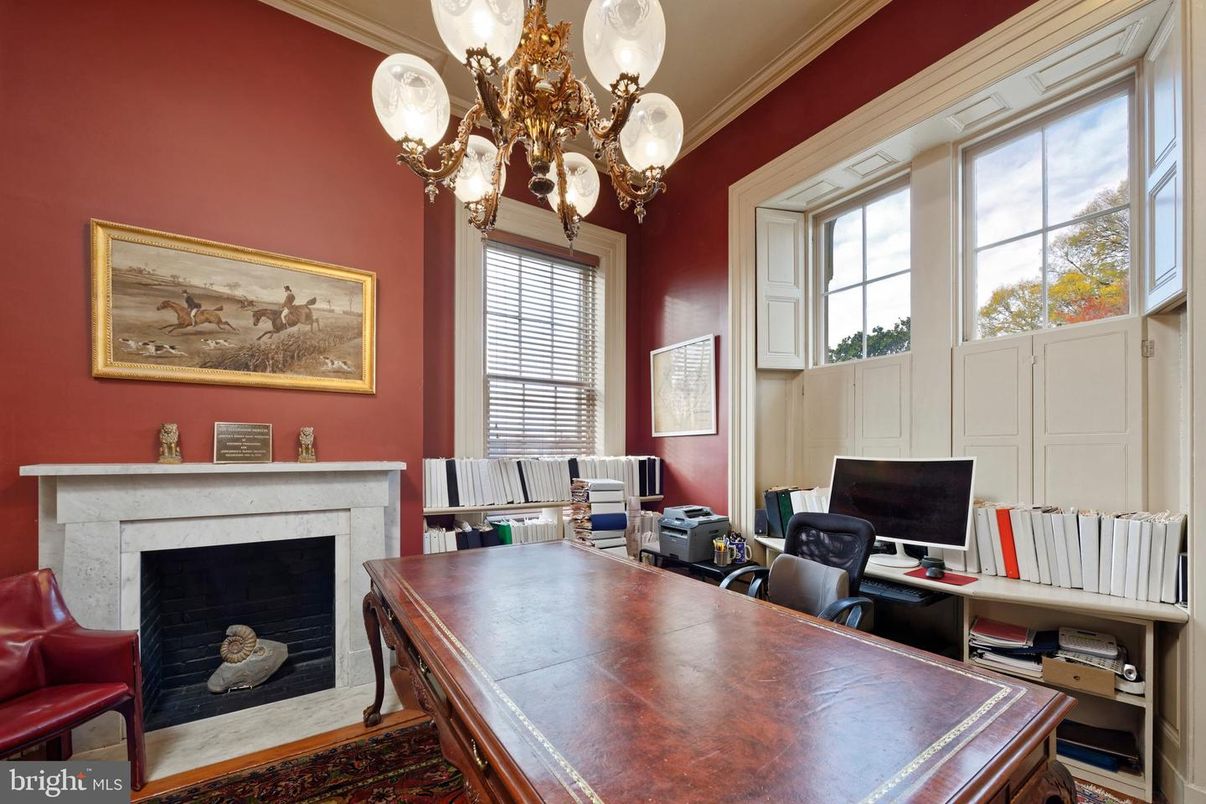 Chandelier, Fireplace, Home Office, Interior