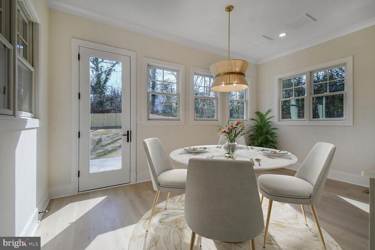 Dining room, Interior, Pendant Lights, Recessed Lighting, Wood Texture Flooring