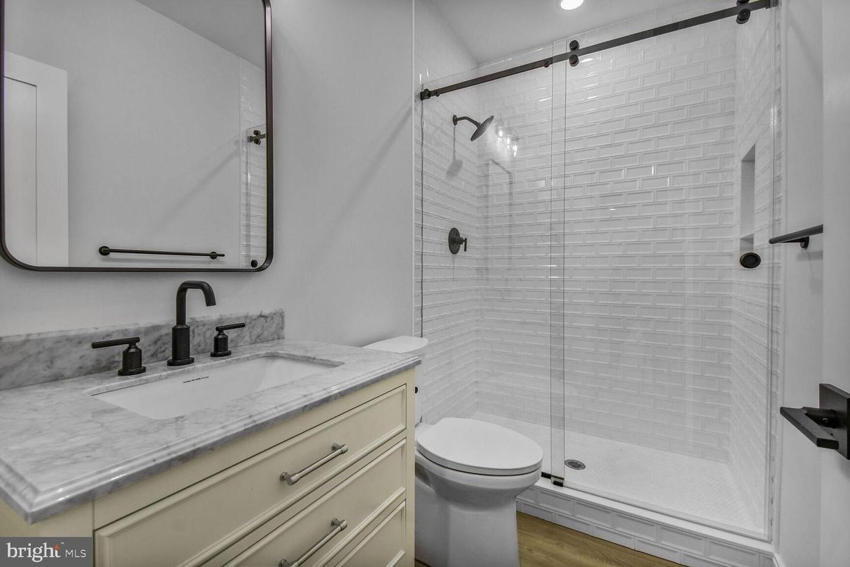 Bathroom, Glass Shower, Interior, Wood Texture Flooring