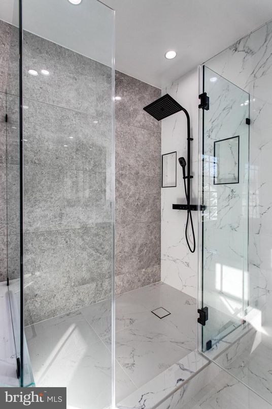 Bathroom, Glass Shower, Interior, Marble, Marble Walls, Recessed Lighting