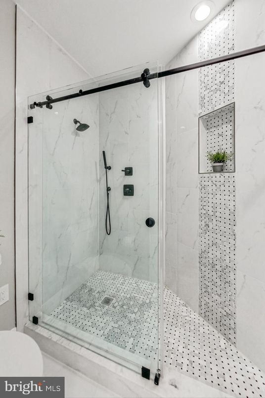 Bathroom, Glass Shower, Interior, Marble Walls, Recessed Lighting