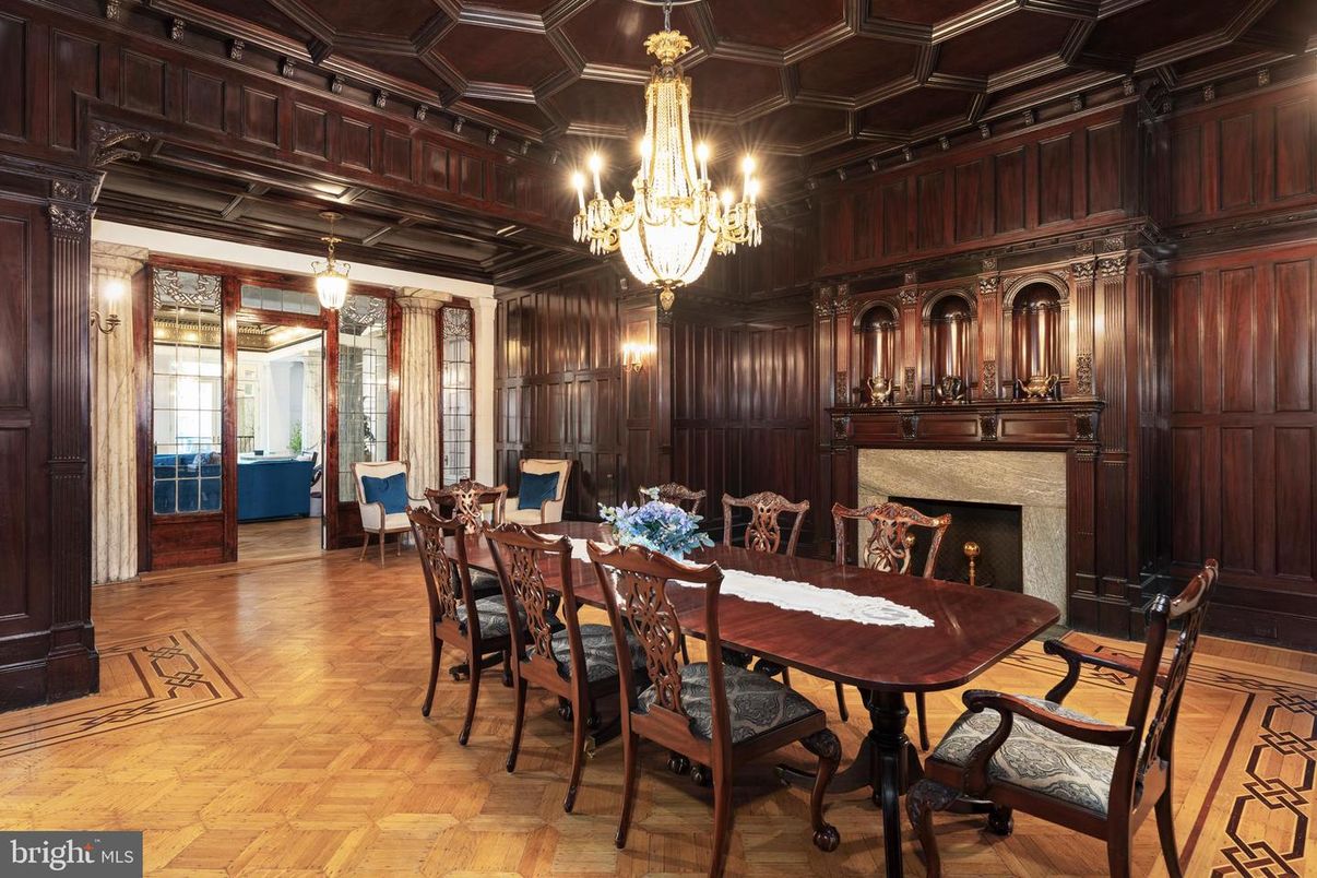 Chandelier, Dining room, Fireplace, Interior, Wood Texture Flooring, Wooden Walls