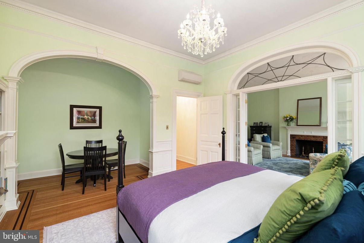 Bedroom, Chandelier, Dining room, Fireplace, Interior, Wood Texture Flooring