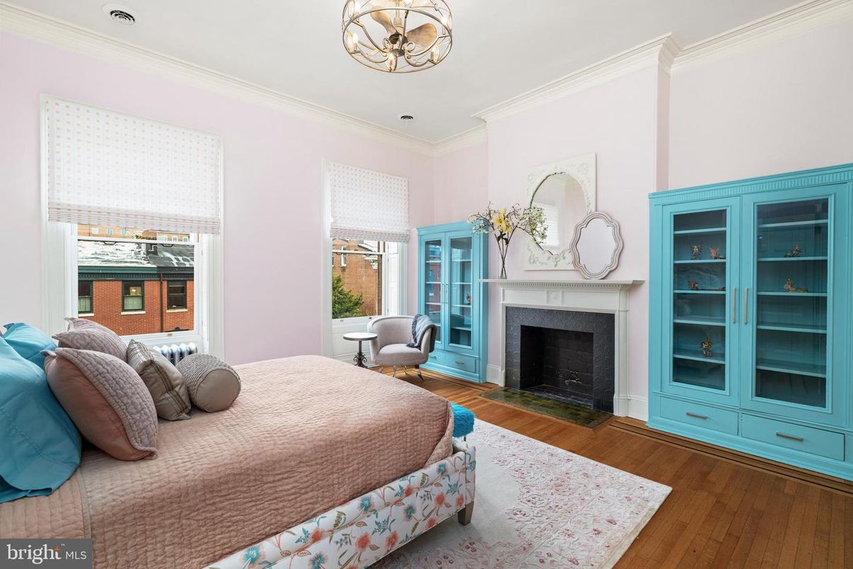 Bedroom, Chandelier, Fireplace, Interior, Wood Texture Flooring