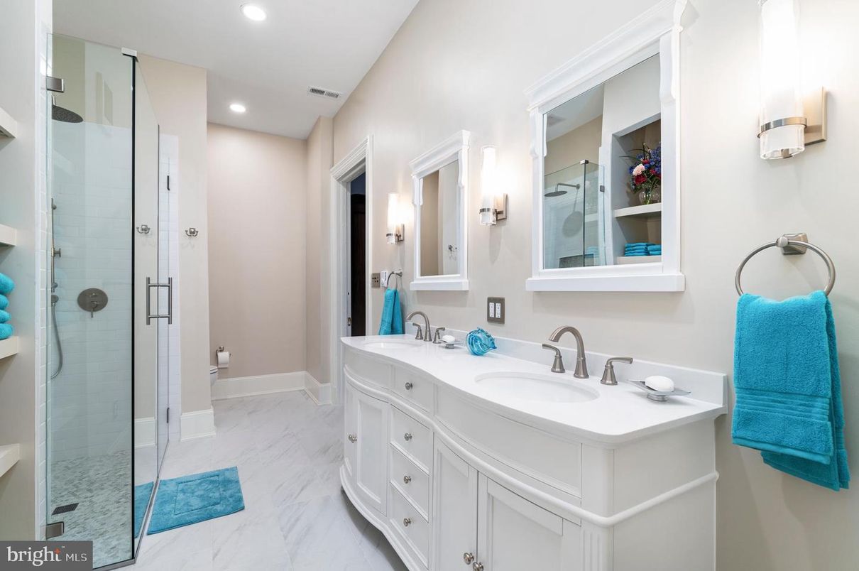 Bathroom, Dual Sink Vanities, Glass Shower, Interior, Marble, Recessed Lighting