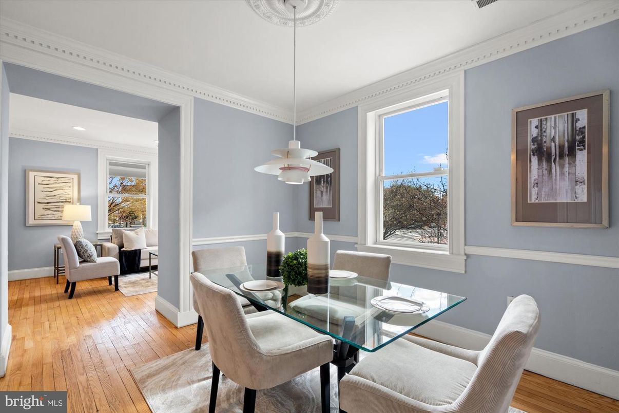 Dining room, Interior, Pendant Lights, Recessed Lighting, Wood Texture Flooring