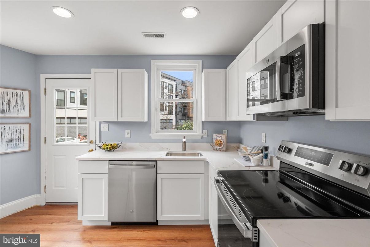 Interior, Kitchen, Recessed Lighting, Stainless Steel Appliances, Wood Texture Flooring