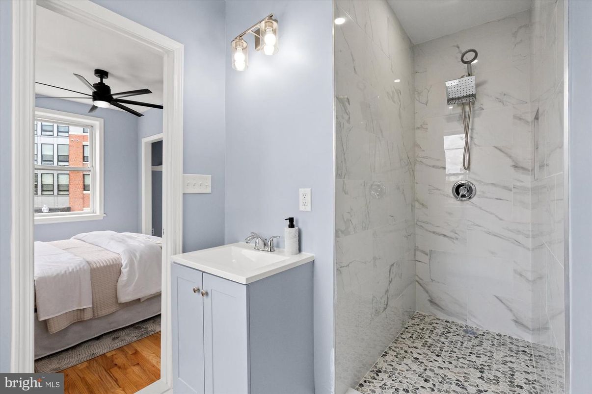 Bathroom, Bedroom, Glass Shower, Interior, Marble Walls, Wood Texture Flooring