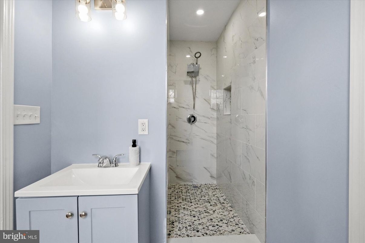 Bathroom, Glass Shower, Interior, Marble Walls, Recessed Lighting
