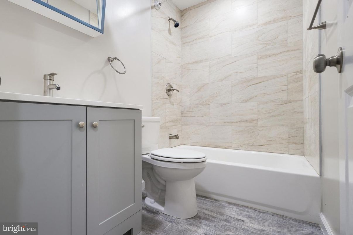 Bathroom, Interior, Marble Walls, Wood Texture Flooring