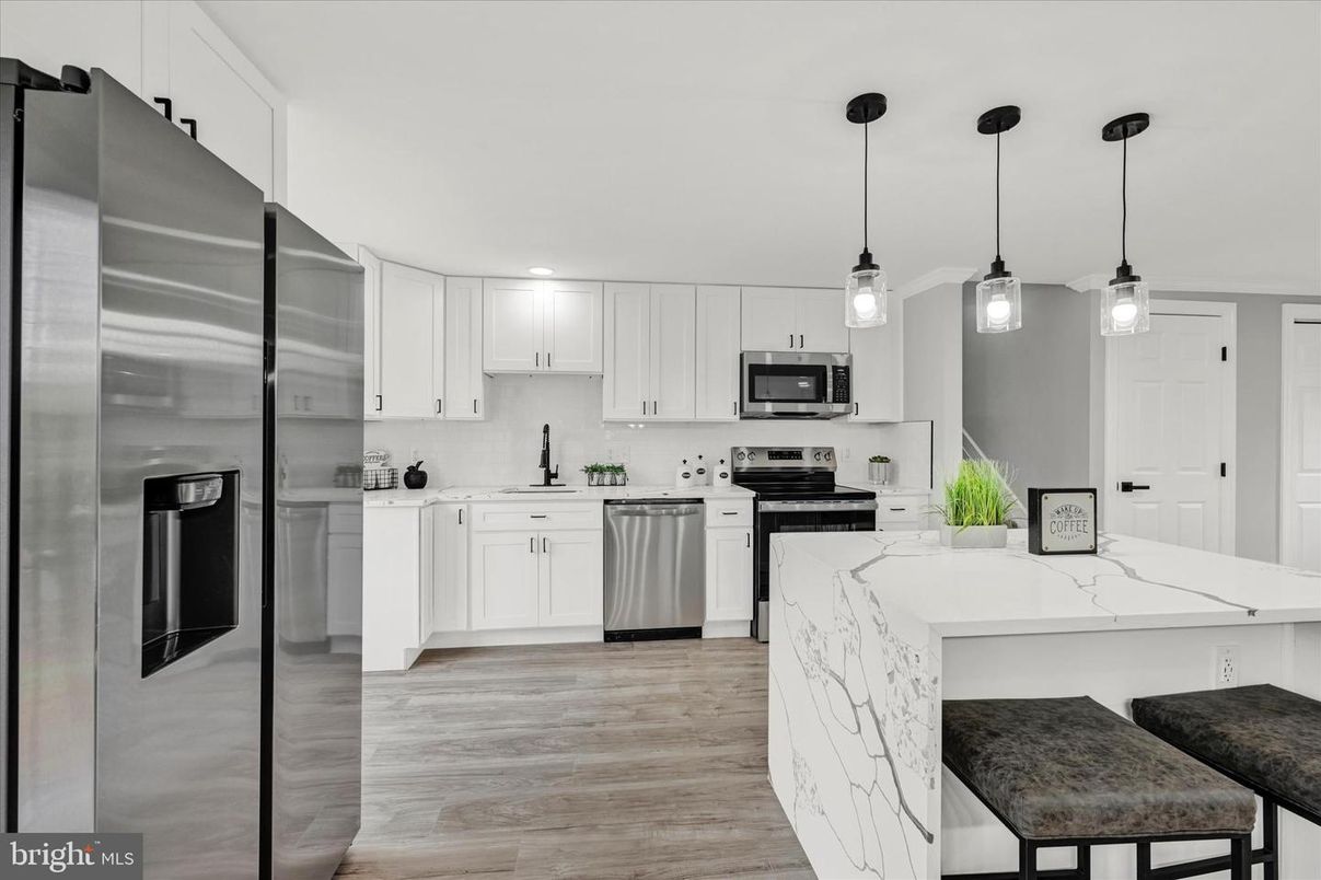 Interior, Kitchen, Pendant Lights, Recessed Lighting, Stainless Steel Appliances, Wood Texture Flooring