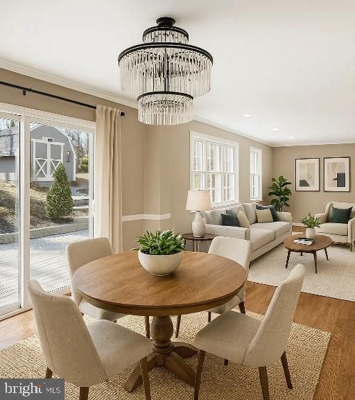 Chandelier, Dining room, Interior, Living room, Recessed Lighting, Wood Texture Flooring