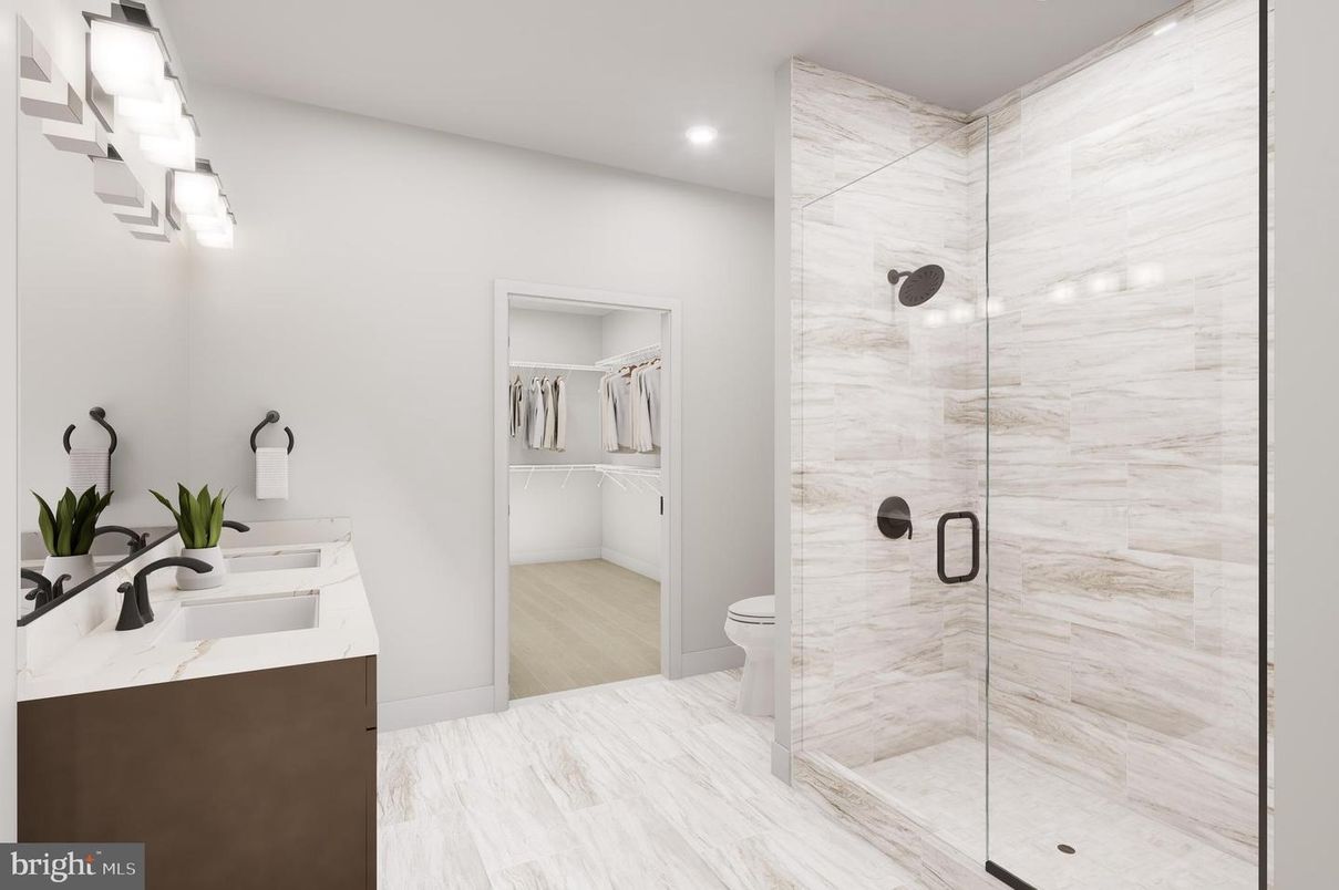 Bathroom, Dual Sink Vanities, Glass Shower, Interior, Marble, Marble Walls, Recessed Lighting