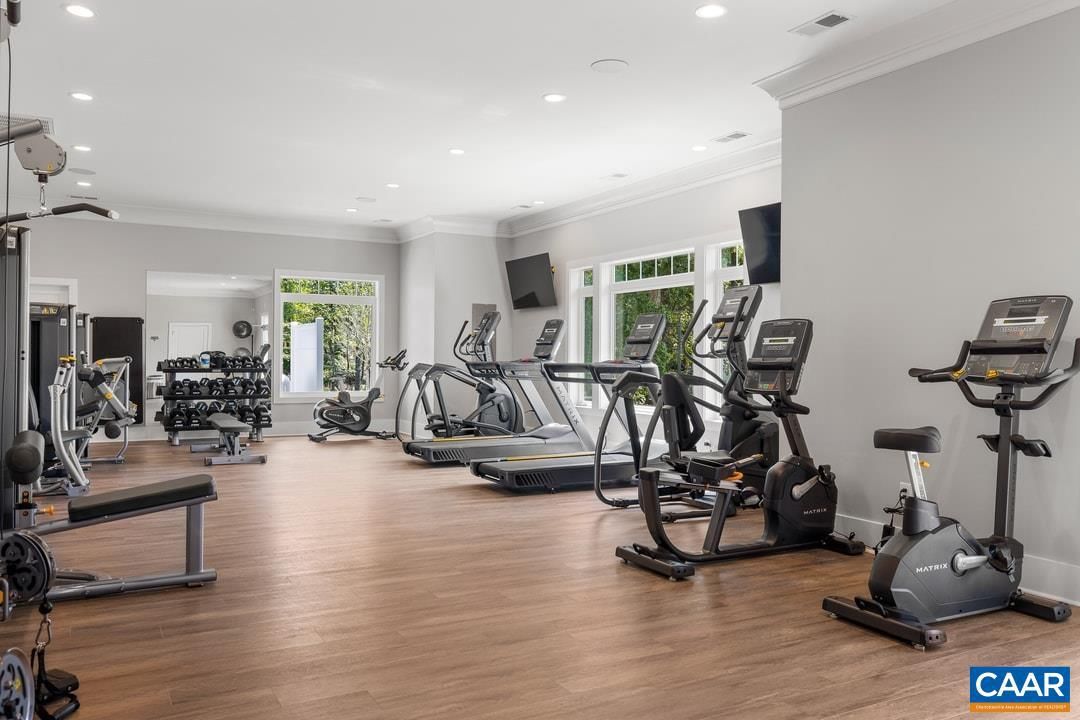 Fitness Equipment, Gym, Interior, Recessed Lighting, Wood Texture Flooring