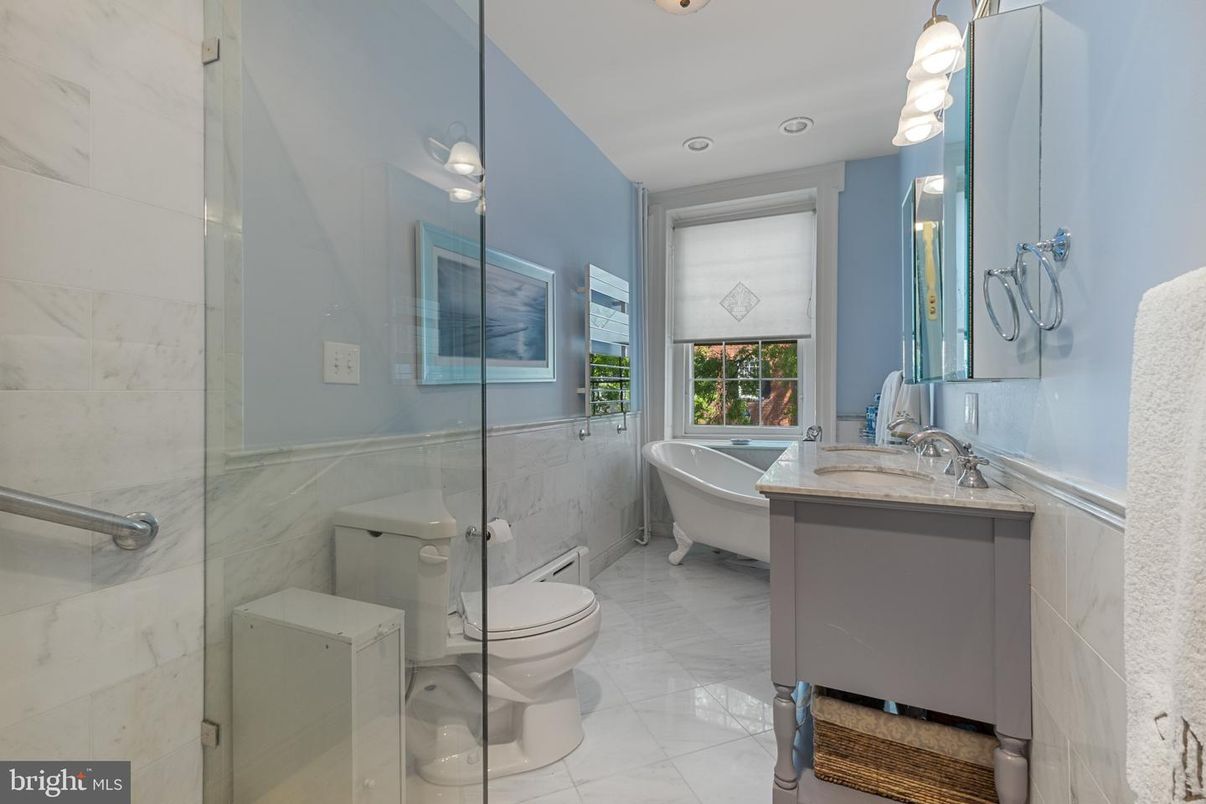 Bathroom, Free Standing Baths, Glass Shower, Interior, Marble Walls