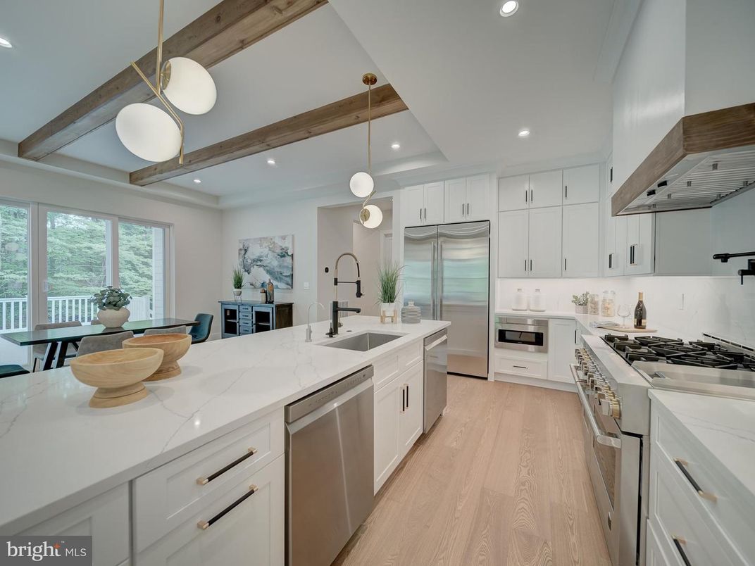 Interior, Kitchen, Pendant Lights, Recessed Lighting, Stainless Steel Appliances, Wooden Beams, Wood Texture Flooring