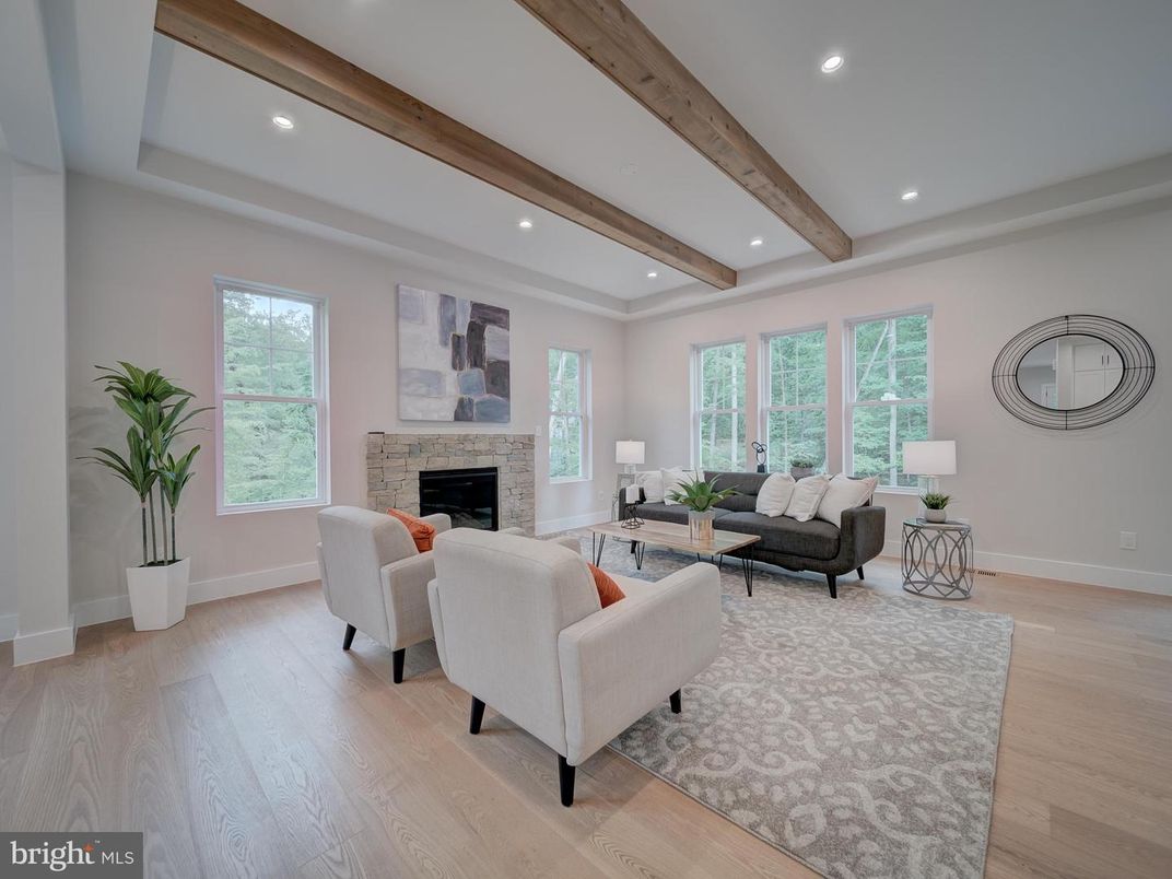 Fireplace, Interior, Living room, Recessed Lighting, Wooden Beams, Wood Texture Flooring