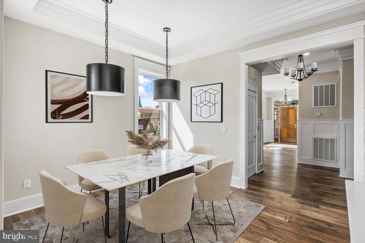 Chandelier, Dining room, Interior, Pendant Lights, Wood Texture Flooring