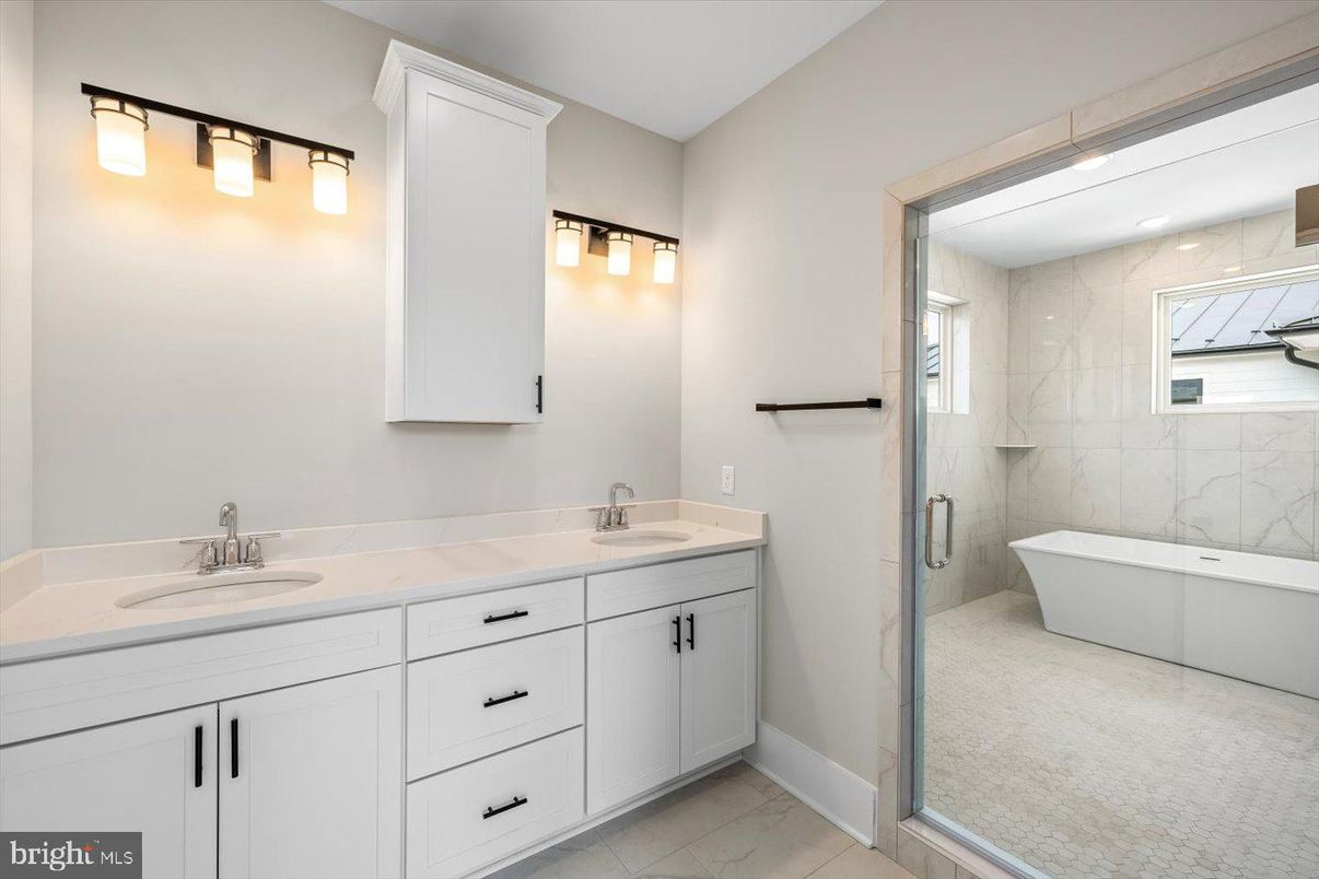 Bathroom, Dual Sink Vanities, Free Standing Baths, Glass Shower, Interior, Marble, Marble Walls