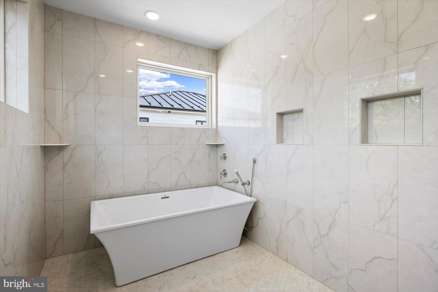 Bathroom, Free Standing Baths, Interior, Marble Walls, Recessed Lighting