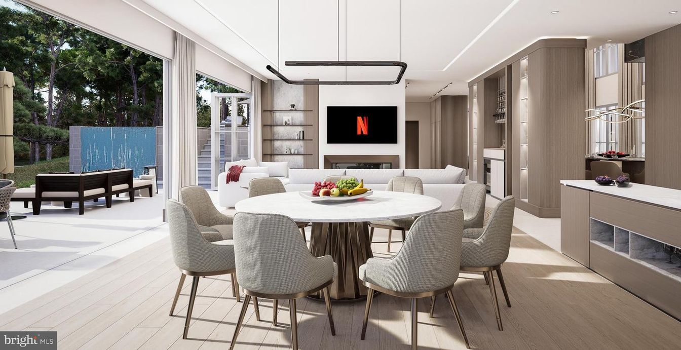 Dining room, Fireplace, Interior, Pendant Lights, Wood Texture Flooring