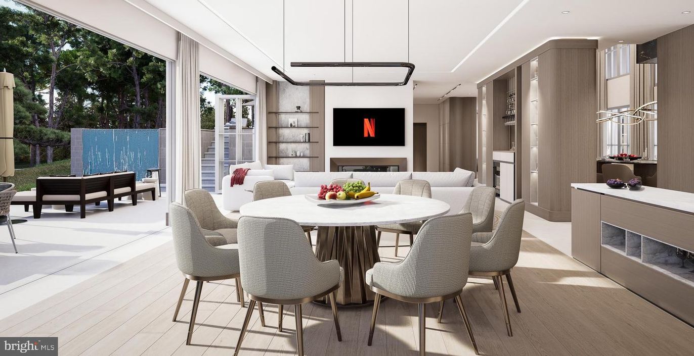 Dining room, Fireplace, Interior, Pendant Lights, Wood Texture Flooring