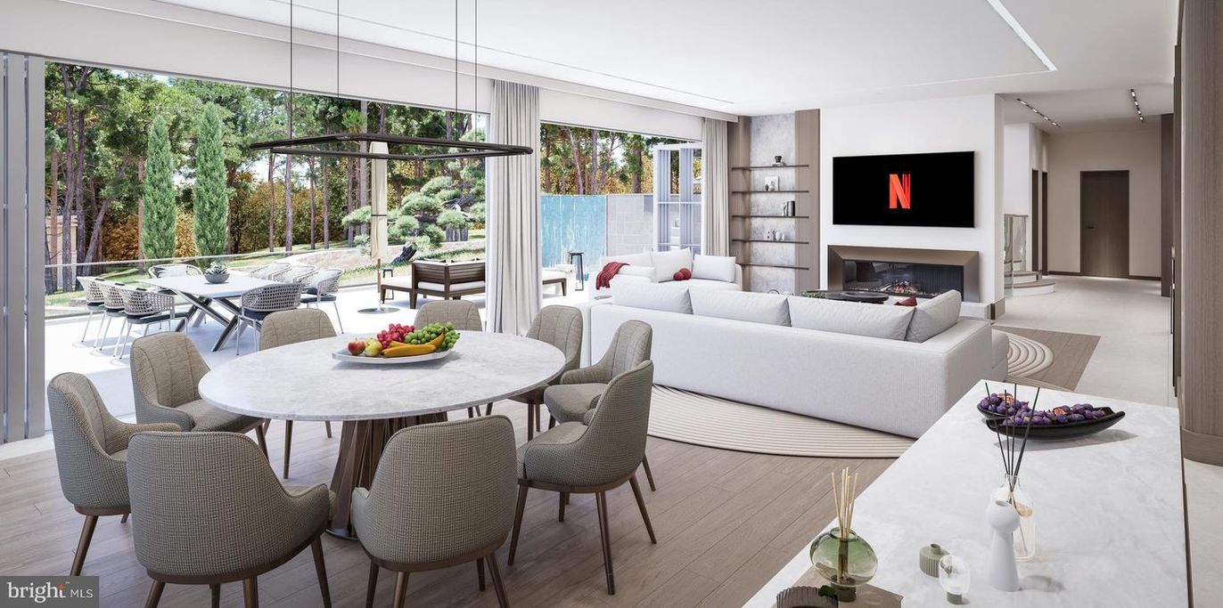 Dining room, Fireplace, Interior, Living room, Pendant Lights, Wood Texture Flooring