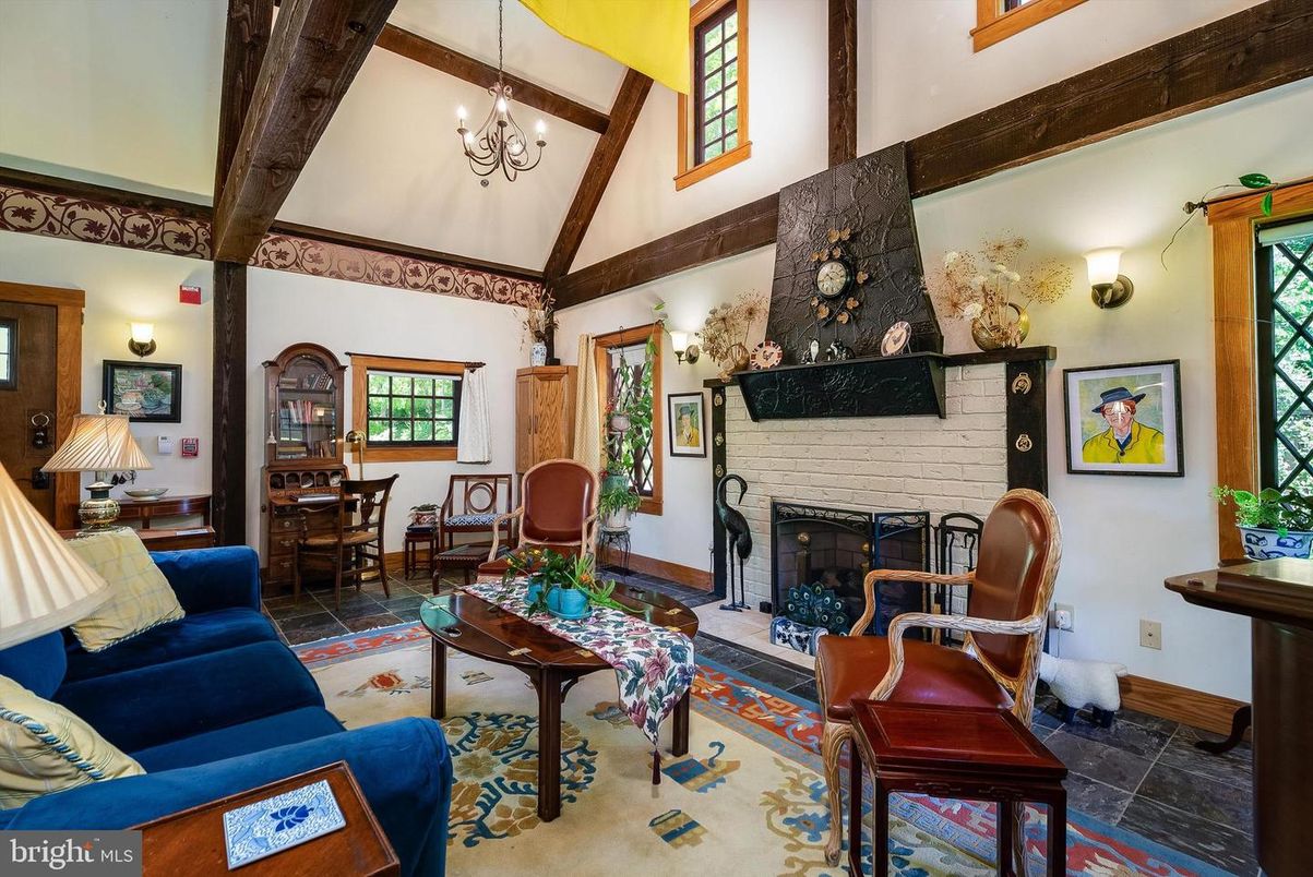 Dining room, Fireplace, Interior, Living room, Pendant Lights, Wooden Beams