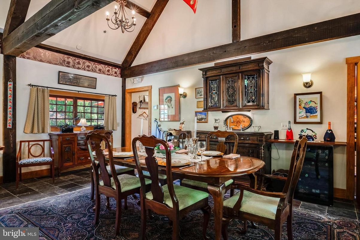 Chandelier, Dining room, Interior, Wooden Beams