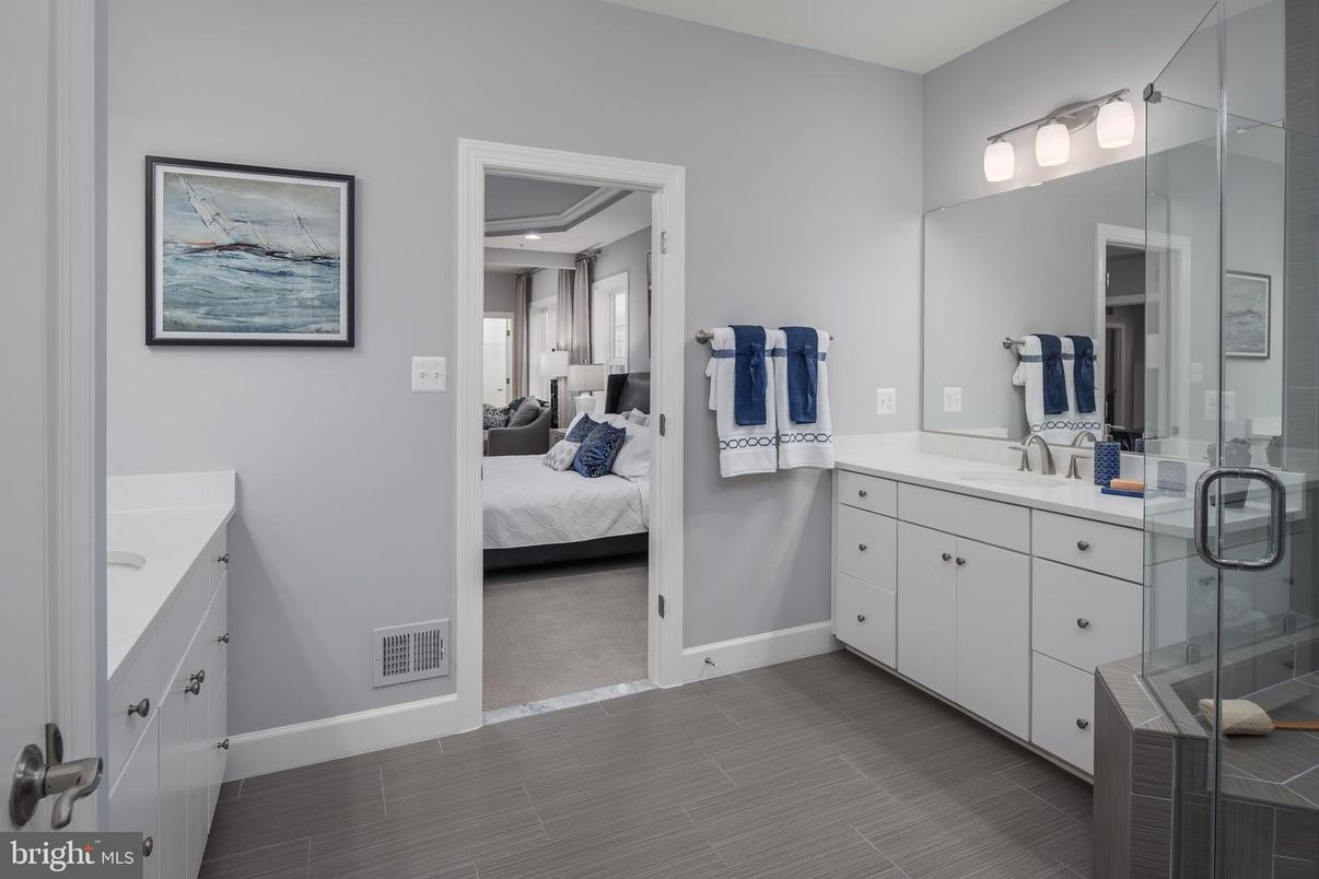 Bathroom, Bedroom, Dual Sink Vanities, Glass Shower, Interior, Wood Texture Flooring