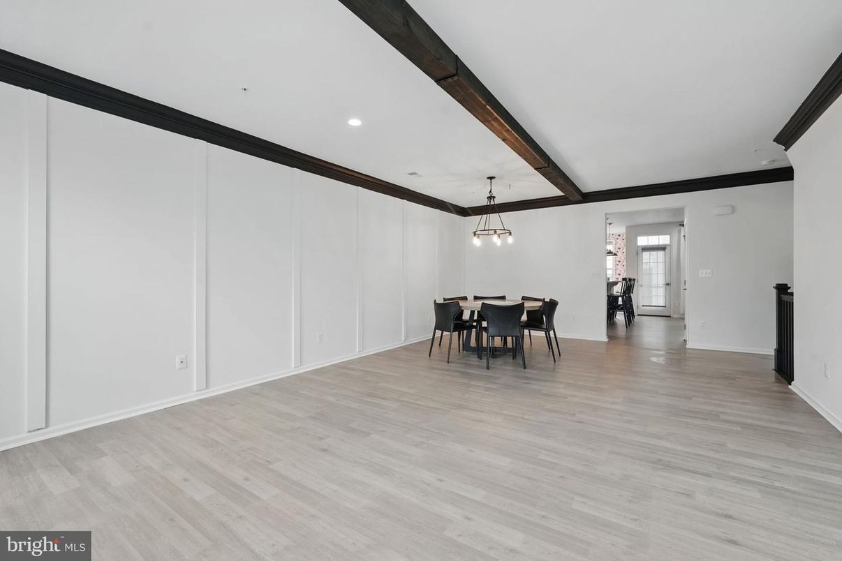 Dining room, Interior, Pendant Lights, Recessed Lighting, Wooden Beams, Wood Texture Flooring