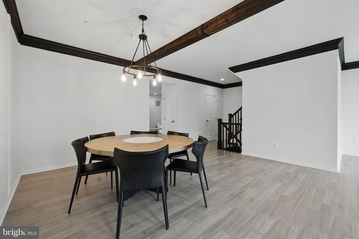 Dining room, Interior, Pendant Lights, Recessed Lighting, Wooden Beams, Wood Texture Flooring