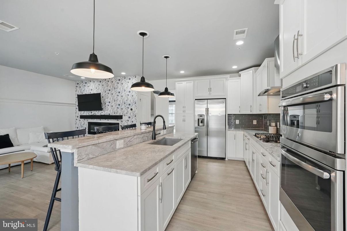 Interior, Kitchen, Pendant Lights, Recessed Lighting, Stainless Steel Appliances, Wood Texture Flooring