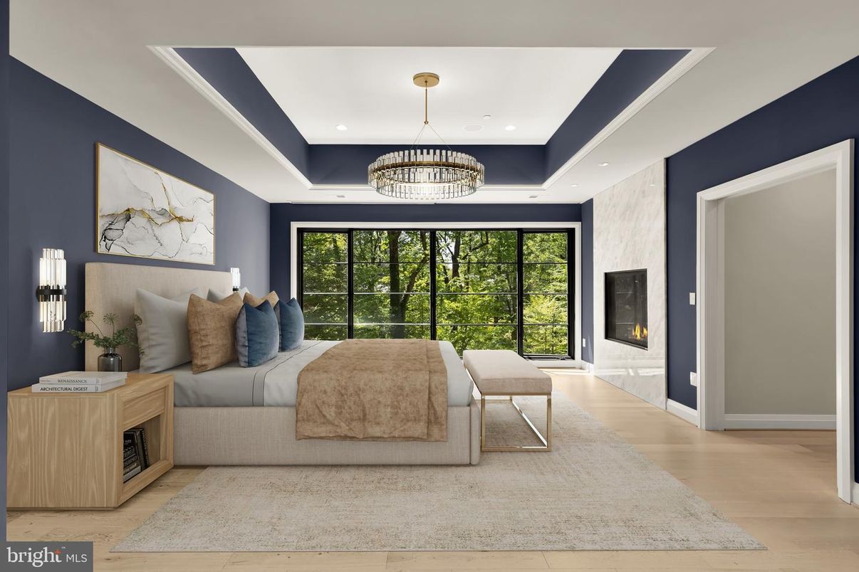 Bedroom, Chandelier, Fireplace, Interior, Recessed Lighting, Wood Texture Flooring