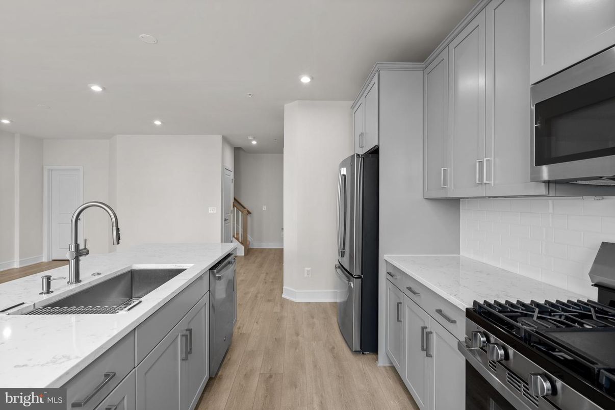 Interior, Kitchen, Recessed Lighting, Stainless Steel Appliances, Wood Texture Flooring